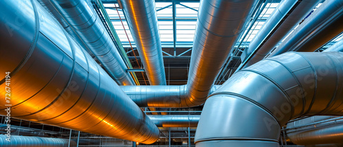 Building piping systems, an array of different pipes and piping systems on a building