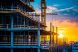 building under construction, industrial development, construction site engineering. Crane and scaffolding at sunset