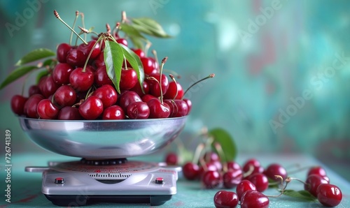 realistic measuring cup on the scale, full of ripe cherries photo
