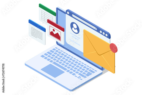 Isometric email, business e-mail communication and digital marketing, electronic message alert