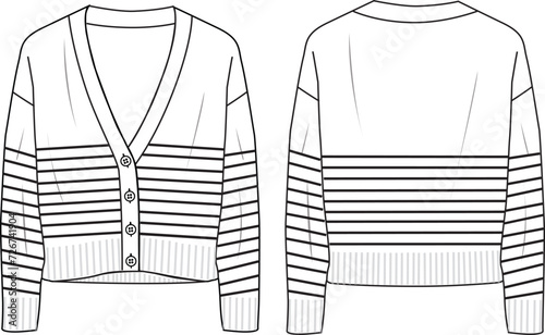 Women's Nautical, Striped Cardigan. Technical fashion illustration. Front and back, white colour. Women's CAD mock-up.