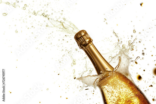 popping champagne bottle on white background. celebration. Champagne splash over a full golden bottle. Champagne cork popping. Close-up of champagne explosion
