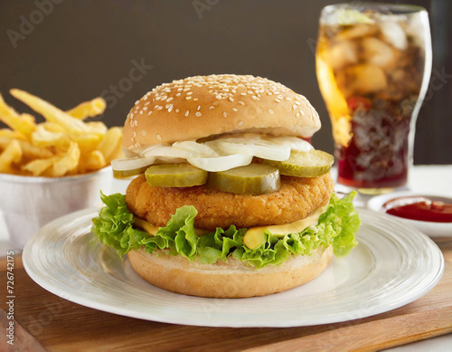 Breaded fish sandwich (or chicken) with onion and French fries