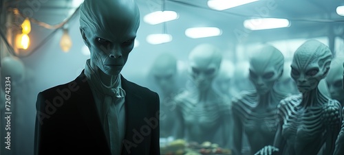 Group of aliens meeting with their commander in the examination room at their abduntion center photo