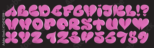 Volumetric 3D Alphabet of hearts for Valentine's Day. Pink bright feminine font in Korean style Y2k. Bold and defiant playful forms. Love letter. photo