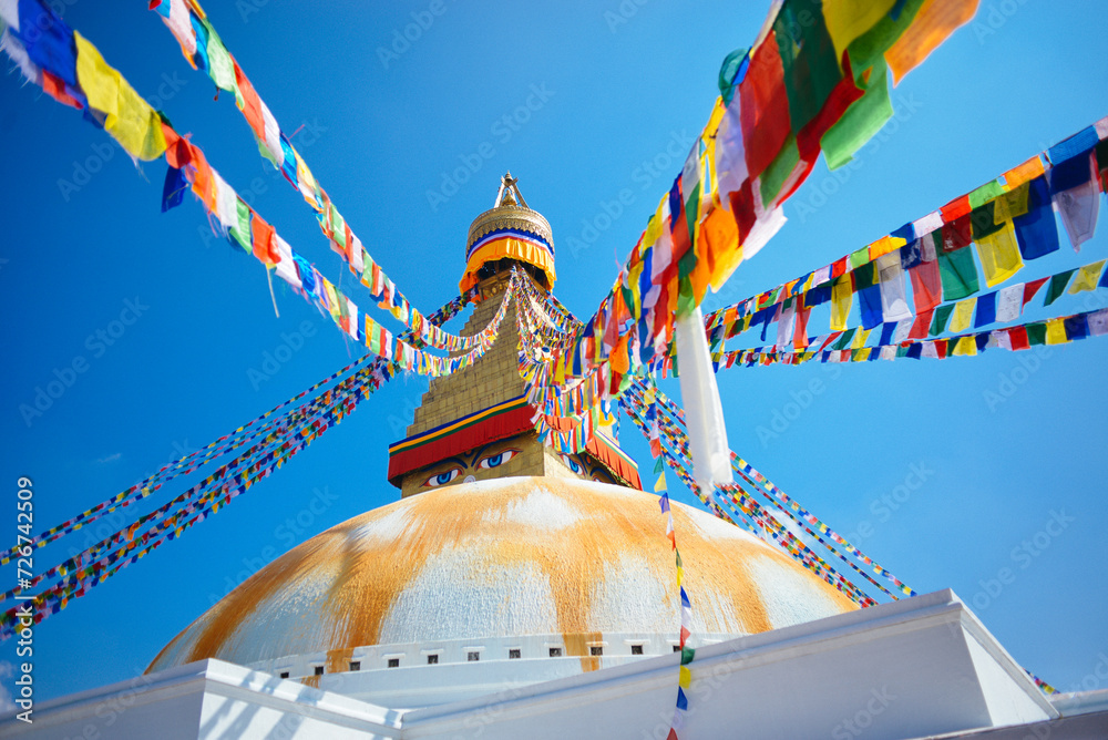 Boudhanath Stupa, Kathmandu, Nepal. October, 2019 - obrazy, fototapety, plakaty 