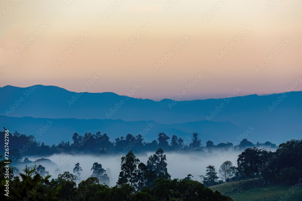 Low fog floating below a mountain forest with a pink sky in the background, before the sunrise, in the eastern Andes of central Colombia.