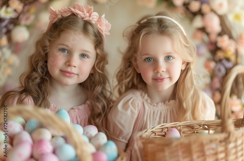Colorful Baskets of Easter Fun - Two Pretty Girls with Easter Decorations
