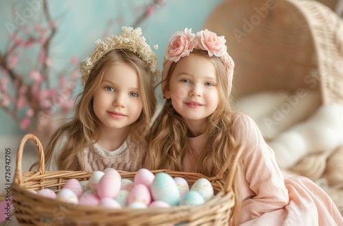 Colorful Baskets of Easter Fun - Two Pretty Girls with Easter Decorations