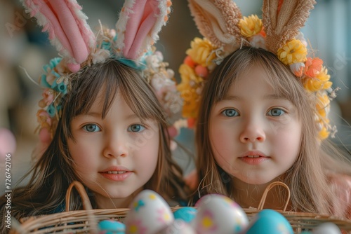 Colorful Baskets of Easter Fun - Two Pretty Girls with Easter Decorations