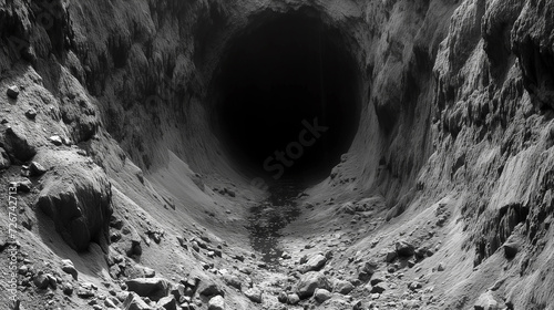 Entrance to the dark scary underground tunnel or burrow. photo