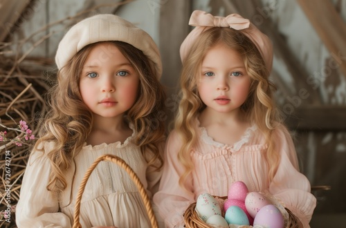 Colorful Baskets of Easter Fun - Two Pretty Girls with Easter Decorations