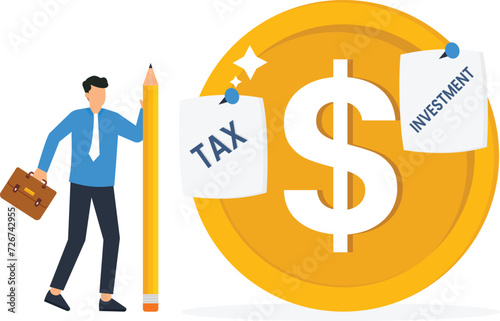 Businessman is splitting his expenses from giant gold dollar coins, Income and investment or income after tax expense concept,
