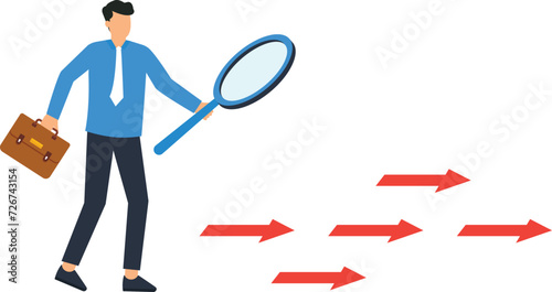 Businessman searching through a magnifying glass, Searching and clue with details for career success concept,
