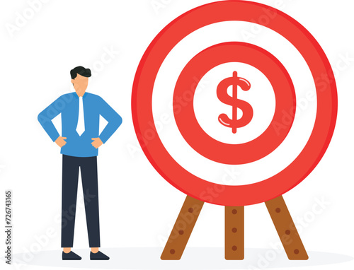 Businessman holding a sign dollar pointing at center of bullseye archery target, Specific goals and concentrate on purpose to win business mission, Aiming at target concept,
