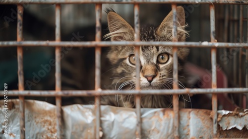 A sad cat that was abandoned and lives on the street in a cage, waiting to be adopted.Generated AI
