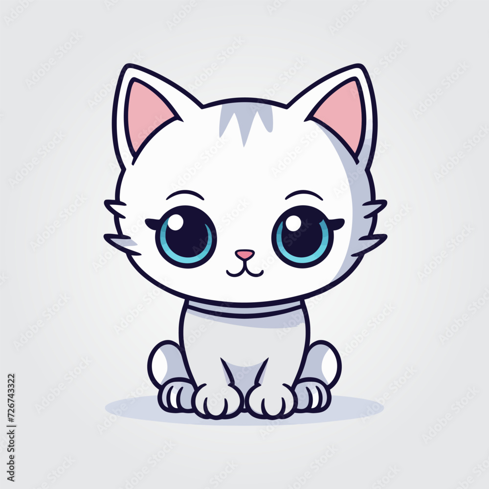 Cute kitty of kawaii style with big eyes and jolly smiling vector illustration in white background Cute kitty of kawaii style with big eyes and jolly smiling vector illustration in white background