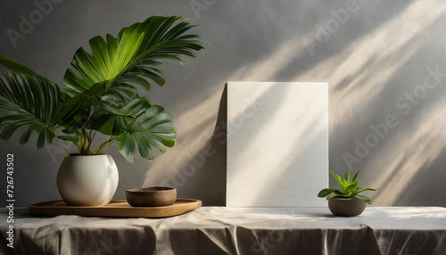 the mockup overlay weaves in shadows from an exotic plant  as natural light two vertical sheets of textured white paper resting on a soft gray table background. with leaves