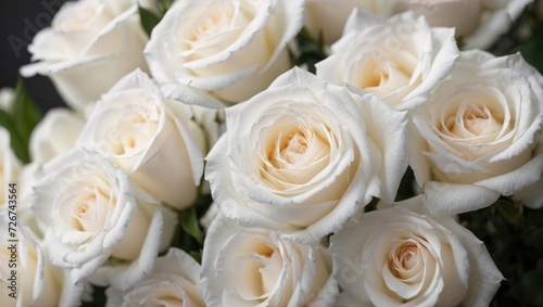 A bouquet of white roses for wedding, green leaves, white flower background, minimal, beautiful rose 