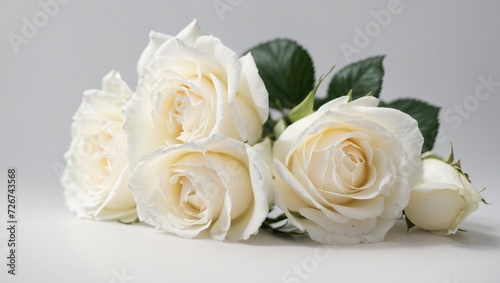 A bouquet of white roses for wedding  green leaves  white flower background  minimal  beautiful rose 