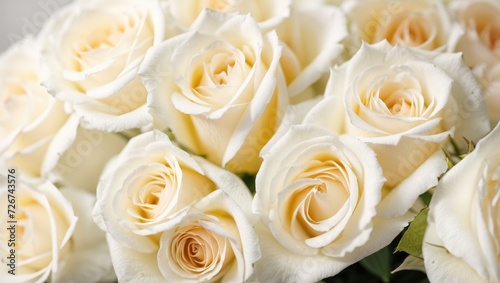 A bouquet of white roses for wedding  green leaves  white flower background  minimal  beautiful rose 