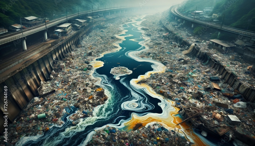Clogged Rivers Highly polluted river choked with plastic waste, chemical foam, and ...