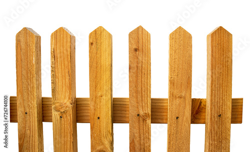 Brown wooden fence, picket fence, isolated on a white background, separating objects, close-up