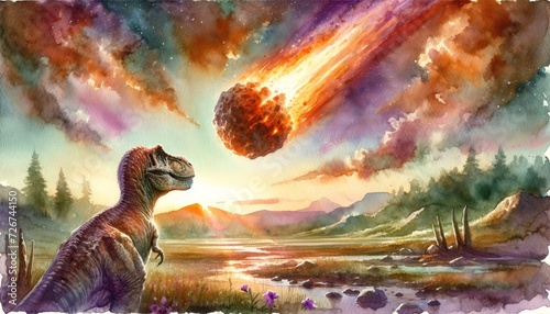 Watercolor painting of a dinosaur watching a fiery asteroid, blending vivid and serene tones in a prehistoric scene. 