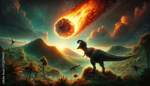 A dinosaur watching a fiery asteroid falling towards Earth, set in a prehistoric landscape with lush vegetation.

