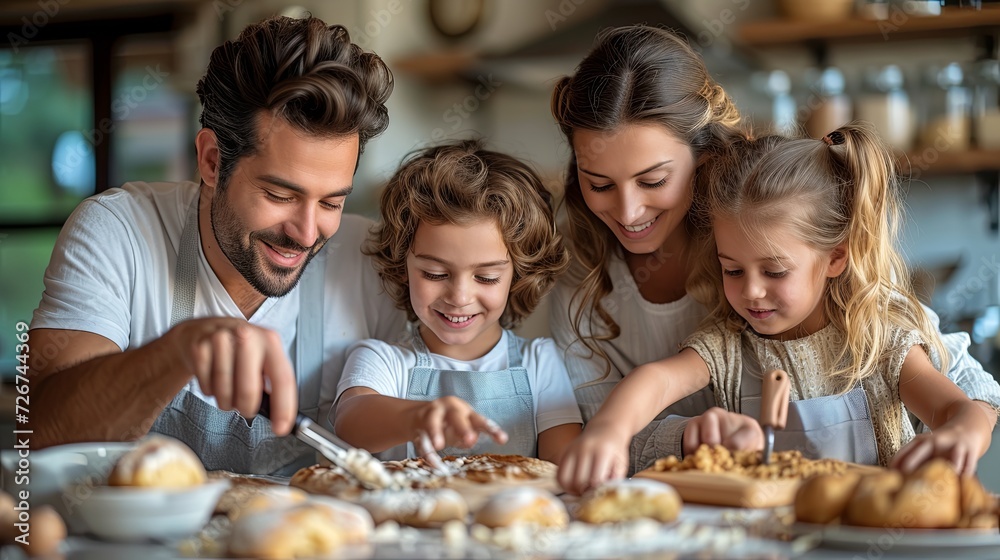 Man and Two Little Girls Making Cookies