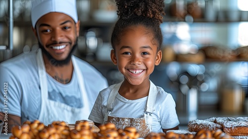 Man and Little Girl Standing in Front of Doughnuts