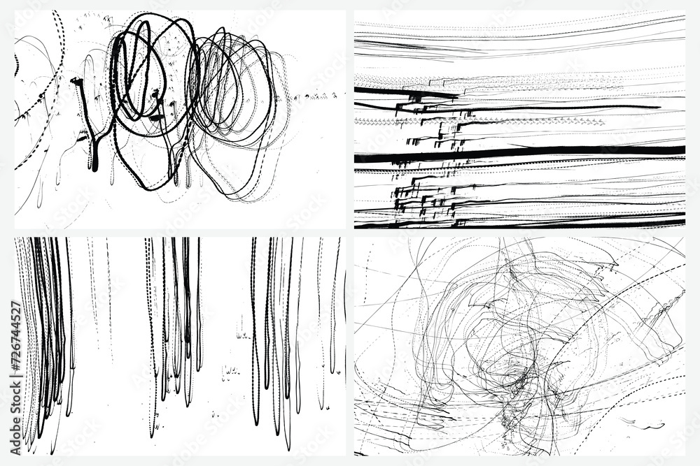 Scribble pen or pencil strokes brush set. Drawn chaotic randomized abstract black white patterns scratches. Random doodle covers, posters and cards. Black charcoal pencil sketch textures Vector.