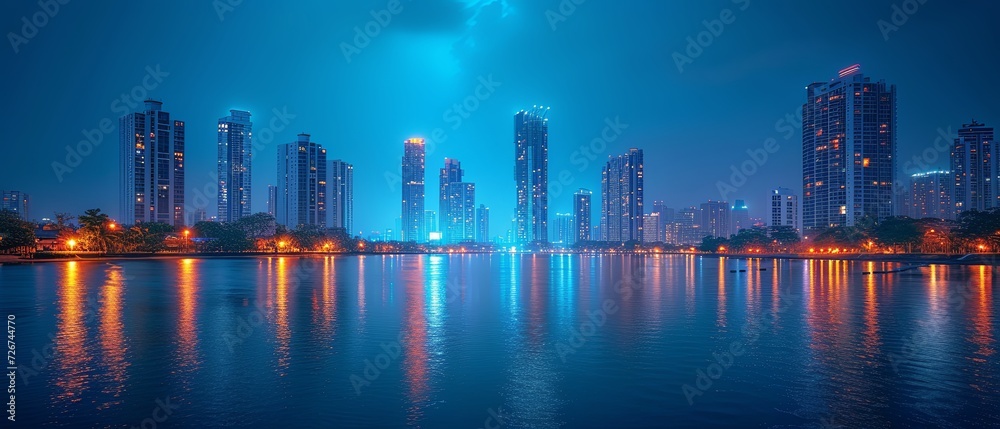 Fototapeta premium A Vast Body of Water Encircled by Towering Buildings