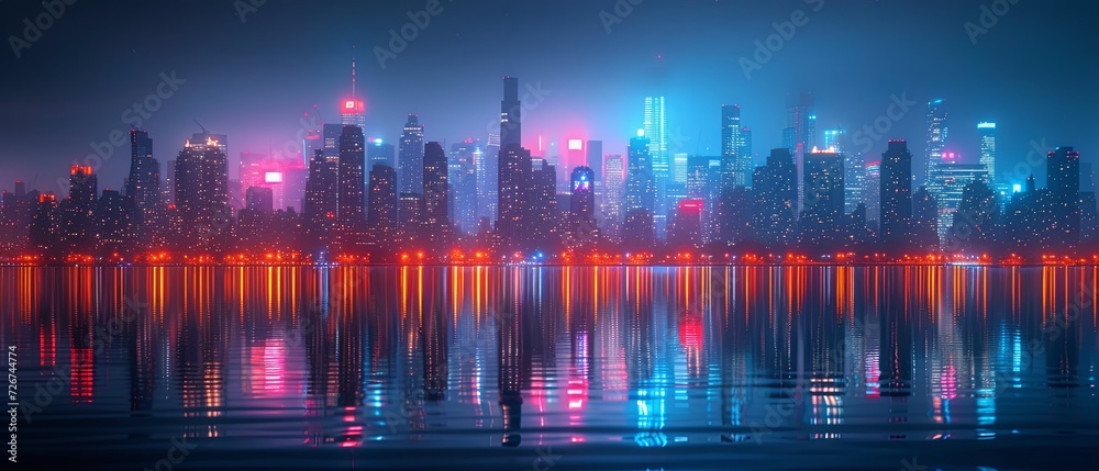 Dazzling City Skyline With Glittering Water Reflections