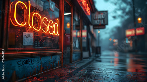 The warm glow of a neon Closed sign reflects on the wet streets of a city on a rainy evening. 