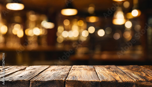 Rustic empty wooden table. Vintage pub interior. Dark wood counter. Restaurant space - Product showing