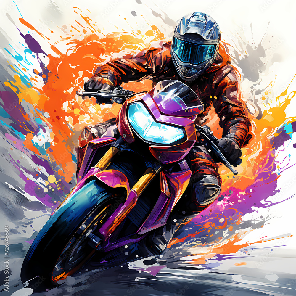 Motorcyclist biker man, motorbike drive bike, motorcycle, colorful splash paint illustration on white background