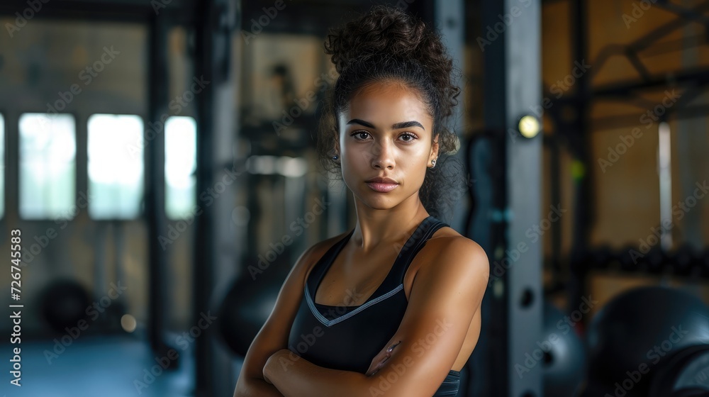 Confident young woman wearing a sport tank top standing alone in a gym after a workout session Confident young woman wearing a sport tank top standing alone in a gym after a workout session