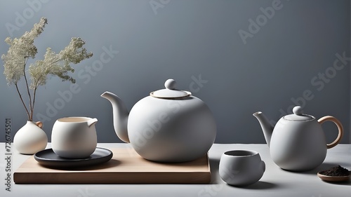 teapot and cup on wooden table, A minimalist setting with a modern teapot and matching tea accessories