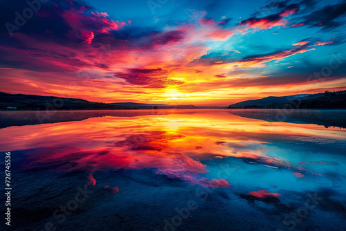 sunrise over a serene lake  with vibrant colors painting the sky