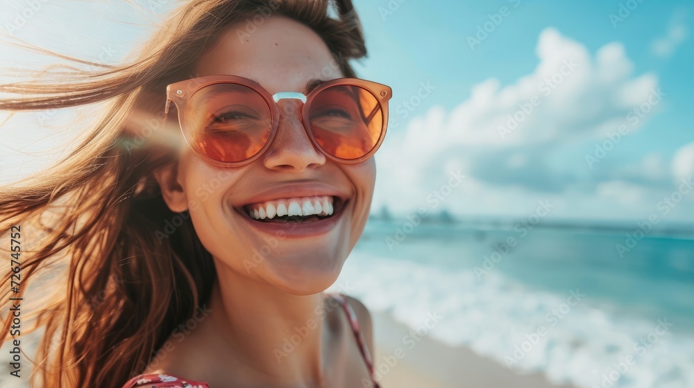 Happy beautiful young woman smiling at the beach side - Delightful girl enjoying sunny day out - Healthy lifestyle concept with female laughing outside Happy beautiful young woman smiling at the beach side - Delightful girl enjoying sunny day out - Healthy lifestyle concept with female laughing outside