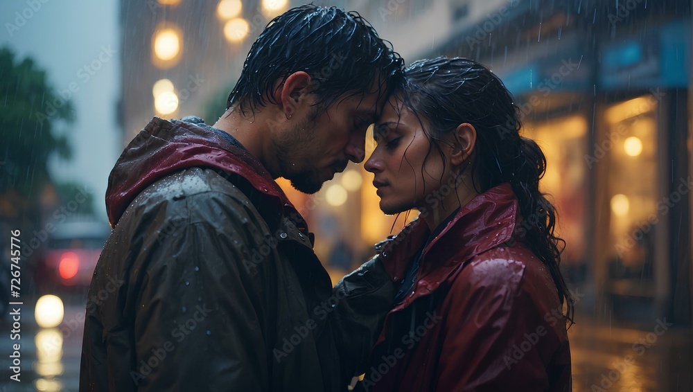 A mesmerizing, highly realistic and highly detailed masterpiece, a realistic depiction of a stunning yet heartbreaking cinematic scene unfolding in the pouring rain. Two lovers, their feelings reveale
