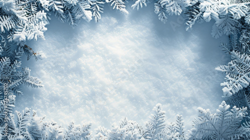 Snow-covered fir branches with ice crystals against a blue background.