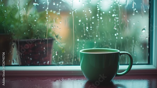 Green mug of hot drink, when behind a window is rain / cozy home atmosphere