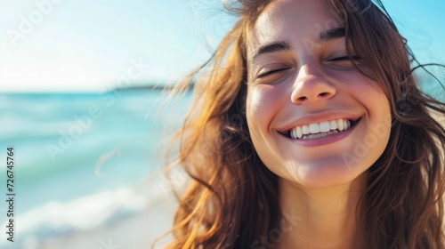 Happy beautiful young woman smiling at the beach side - Delightful girl enjoying sunny day out - Healthy lifestyle concept with female laughing outside © buraratn
