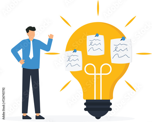 New ideas and innovations, Business people brainstorming with sticky notes combined to bright lightbulb ideas for business success concept,
