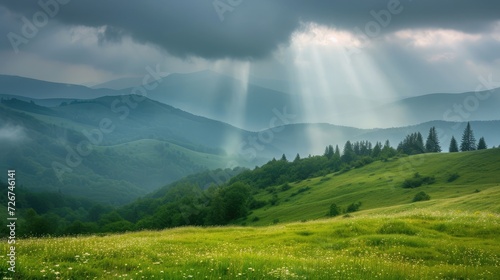 Rain and sun through the clouds over the green summer Carpathian foggy mountain hills. Rainy evening panorama.