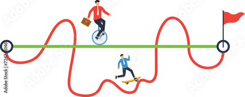 Business people with Bicycle pass on straight easy way and other on hard messy path, Easy or shortcut way to success or hard path and obstacle concept,
