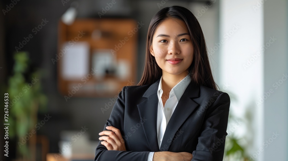 Young confident smiling Asian business woman leader, successful entrepreneur, elegant professional company executive ceo manager, wearing suit standing in office with arms crossed. Portrait Young confident smiling Asian business woman leader, successful entrepreneur, elegant professional company executive ceo manager, wearing suit standing in office with arms crossed. Portrait