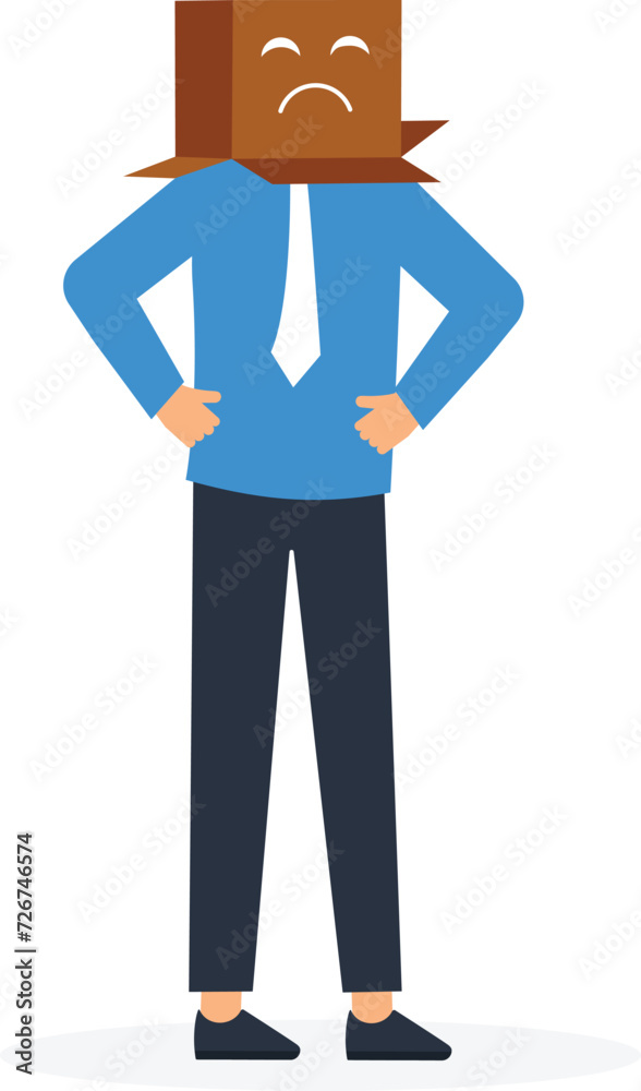 Frustrated businessman covered with cardboard box with unhappy sad face, Business failure and anxiety or stress from work concept,
